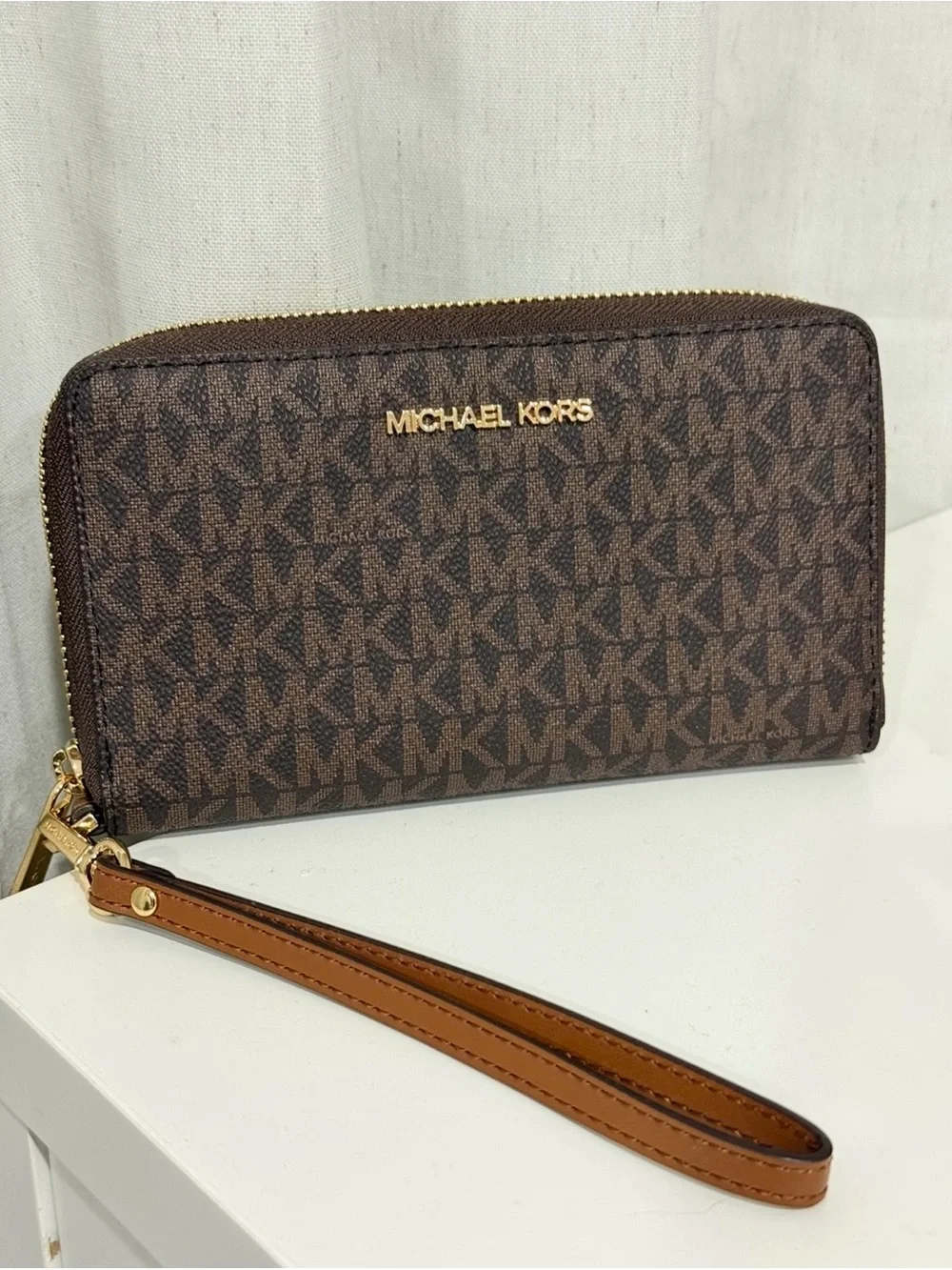 NEW Michael Kors Jet Set Travel Large Double Zip Wristlet Wallet Brown